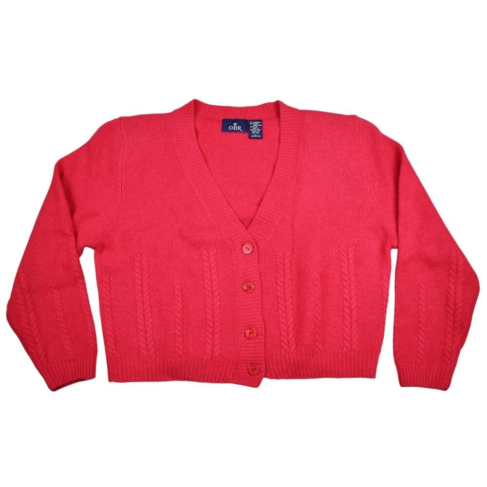 Vintage Wool Angora Blend Cardigan Sweater Women's L Dark Coral Pink Coquette